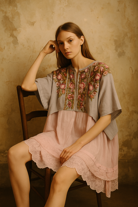 Dolly, reworked embroidered 40s Eastern European tunic in Cotton