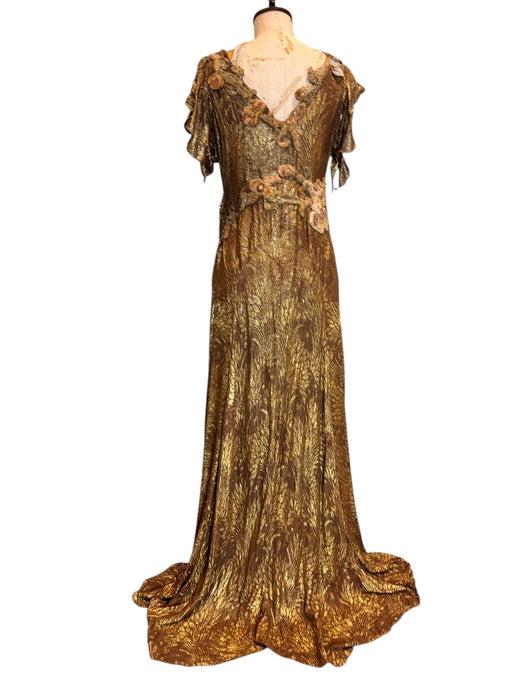 Astrid, 20s bronze/gold bias cut lamé dress with 18thC chenille floral accents
