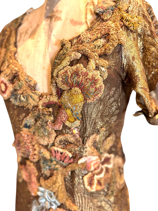 Astrid, 20s bronze/gold bias cut lamé dress with 18thC chenille floral accents