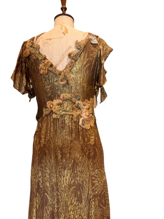 Astrid, 20s bronze/gold bias cut lamé dress with 18thC chenille floral accents