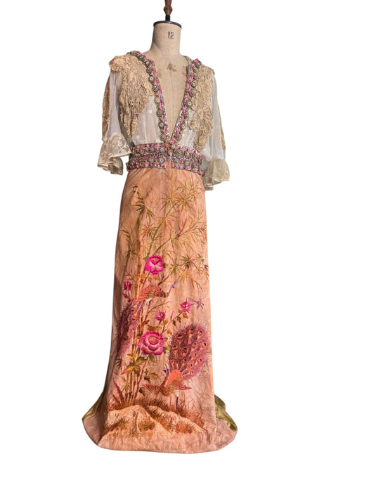 Aurora, reworked 18th C embroidered and lace dress