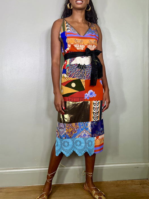 Leora, patchwork mixed print dress