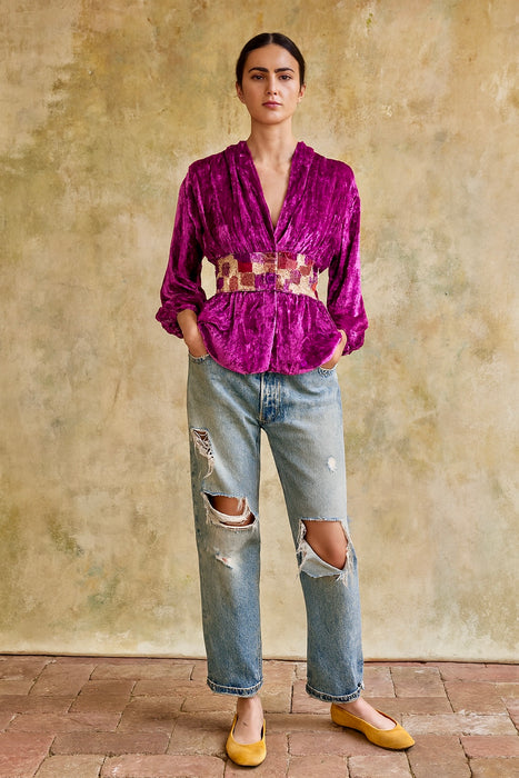 Maureen, reworked 40s Magenta velvet embroidered jacket