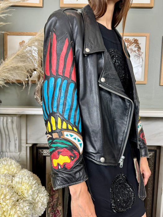 Dilara, 70s leather, Native American appliqué biker jacket