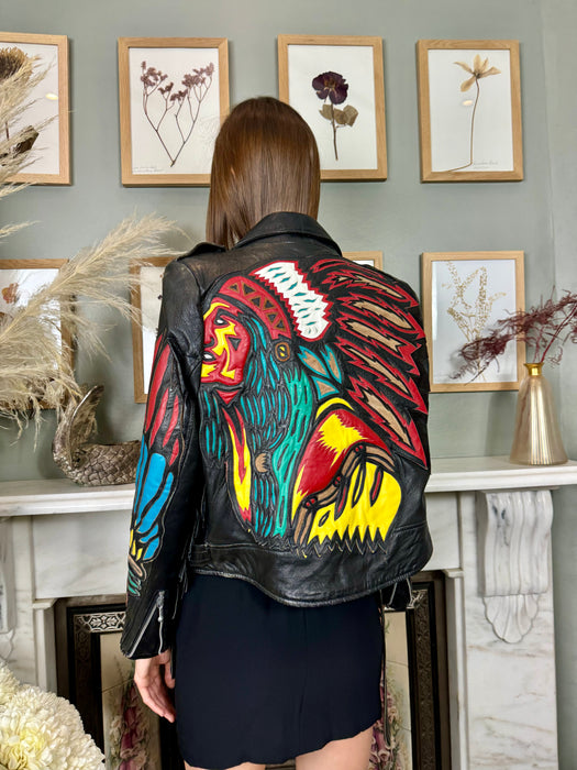 Dilara, 70s leather, Native American appliqué biker jacket