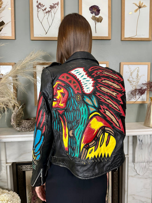 Dilara, 70s leather, Native American appliqué biker jacket