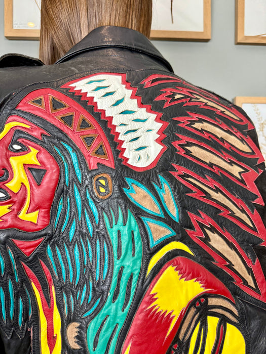 Dilara, 70s leather, Native American appliqué biker jacket