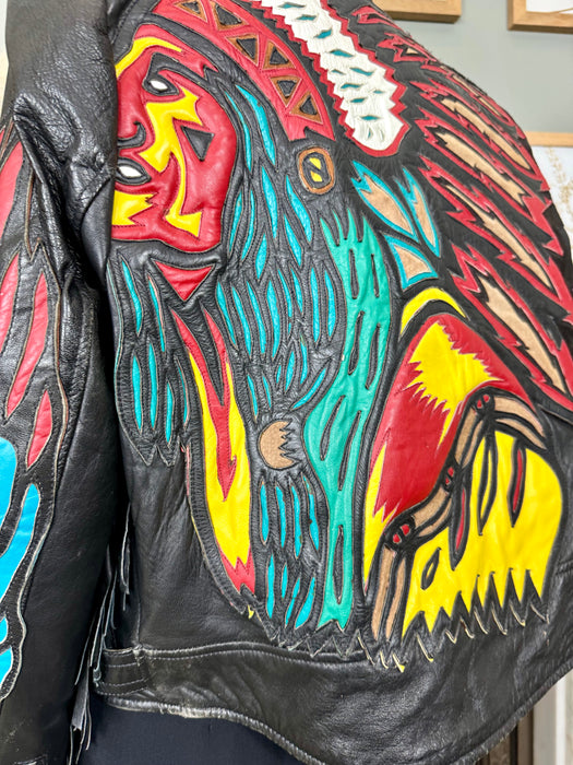 Dilara, 70s leather, Native American appliqué biker jacket