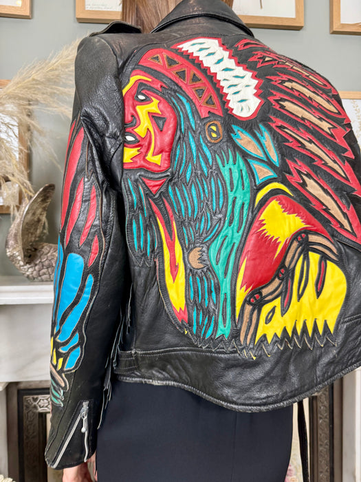 Dilara, 70s leather, Native American appliqué biker jacket