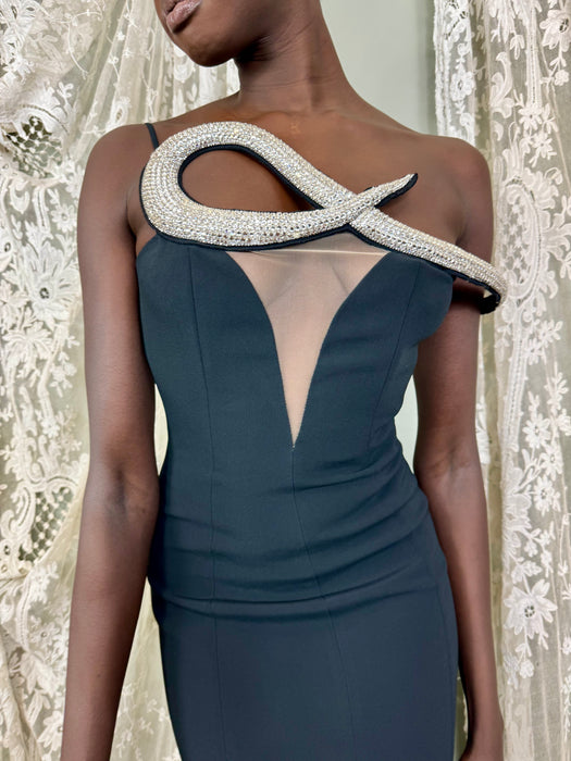 David Koma, black and rhinestone sculptural gown