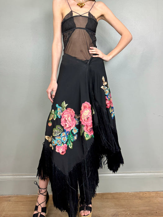 Stevie, 20s hand embroidered fringed skirt
