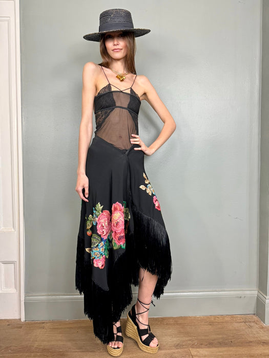 Stevie, 20s hand embroidered fringed skirt
