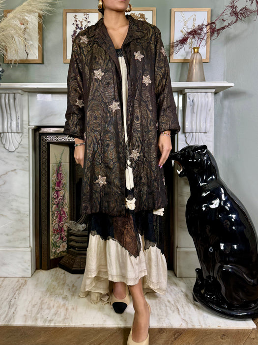 Cleo, 30s floral lamé coat with beaded stars
