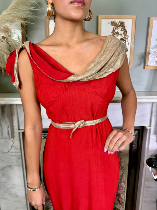 Claudine, 30s red silk and lamé bias cut dress