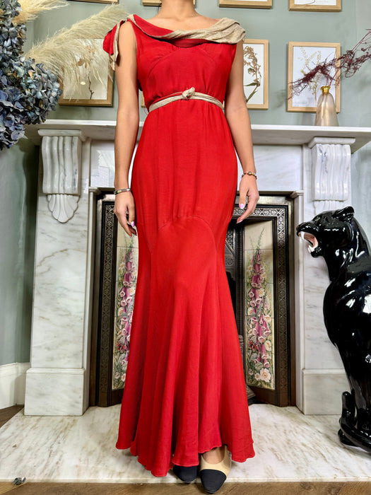 Claudine, 30s red silk and lamé bias cut dress