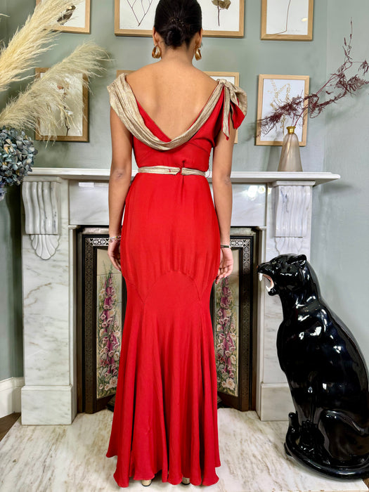 Claudine, 30s red silk and lamé bias cut dress