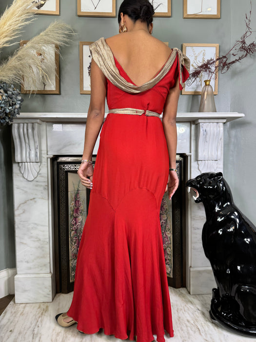 Claudine, 30s red silk and lamé bias cut dress