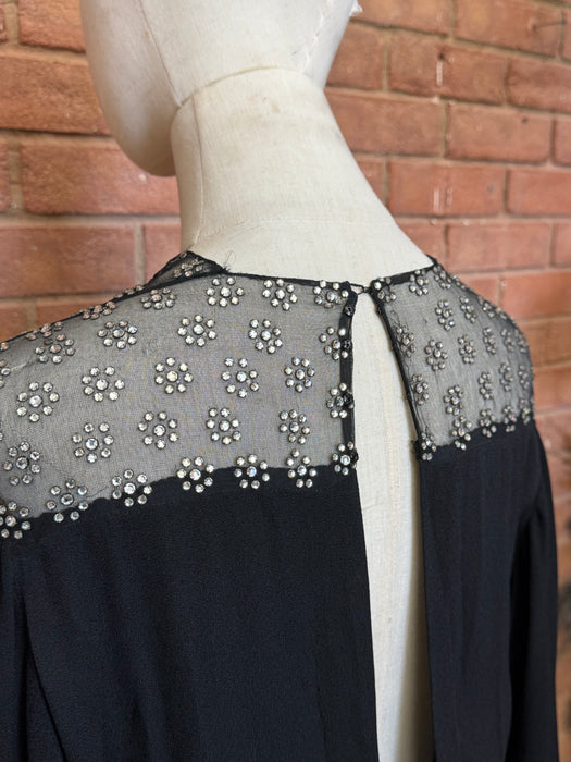 Beluga, reworked 30s black crepe and rhinestone jumpsuit with balloon sleeves