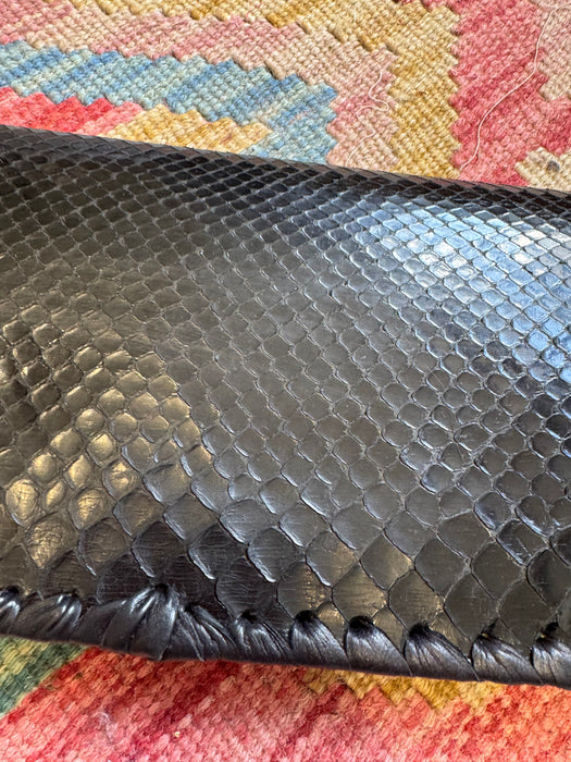 Jasmir, handmade black snake skin clutch with vintage clasp