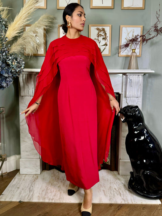 Carolina Herrera, red silk dress with chiffon cape