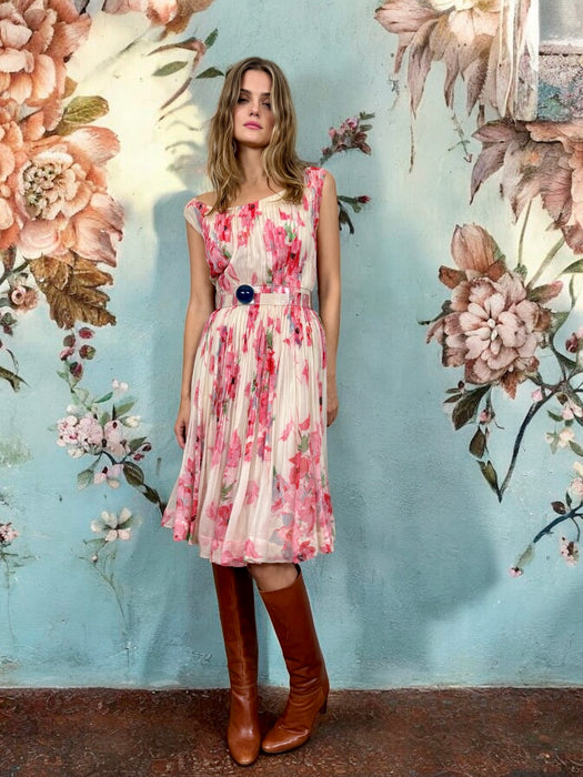 Oura, 40s chiffon pleated floral dress