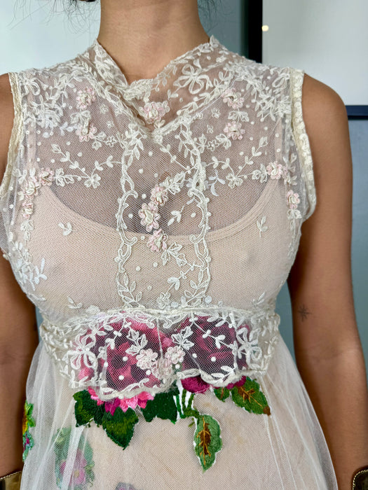 Delice, 20s cream lace dress with floral appliqués