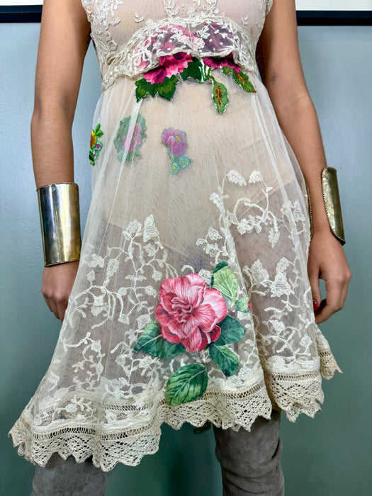 Delice, 20s cream lace dress with floral appliqués