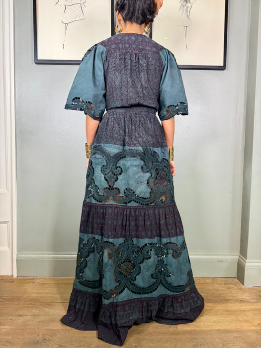 Bluebell, vintage block print and crochet dress with waistcoat