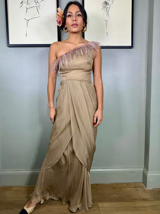 Angela, taupe vintage chiffon and feather dress