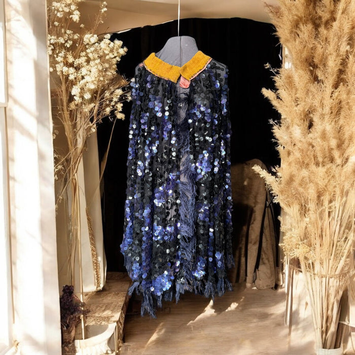 Patricia, original 1920s blue and black large sequin cape with feather trim