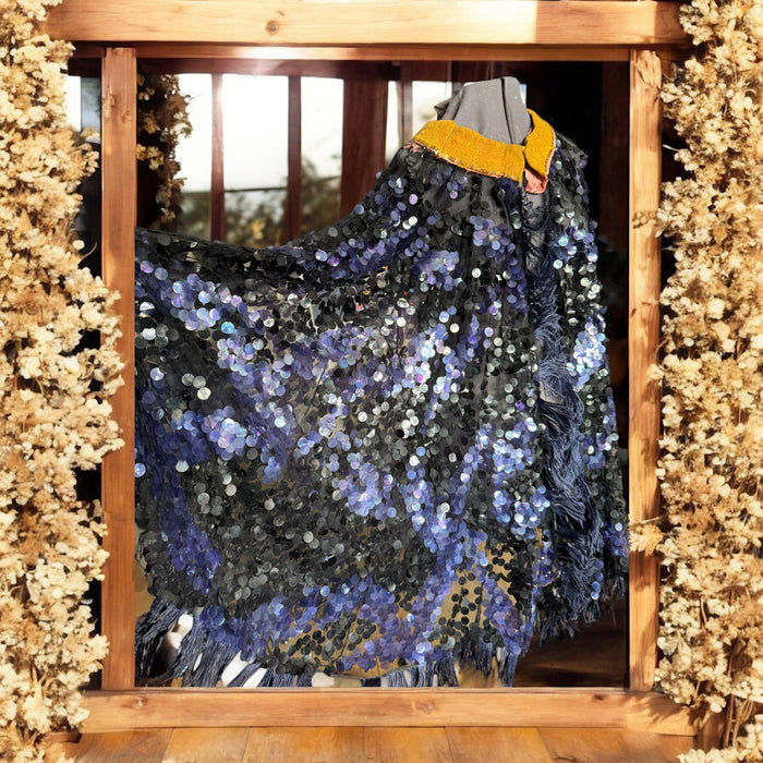 Patricia, original 1920s blue and black large sequin cape with feather trim