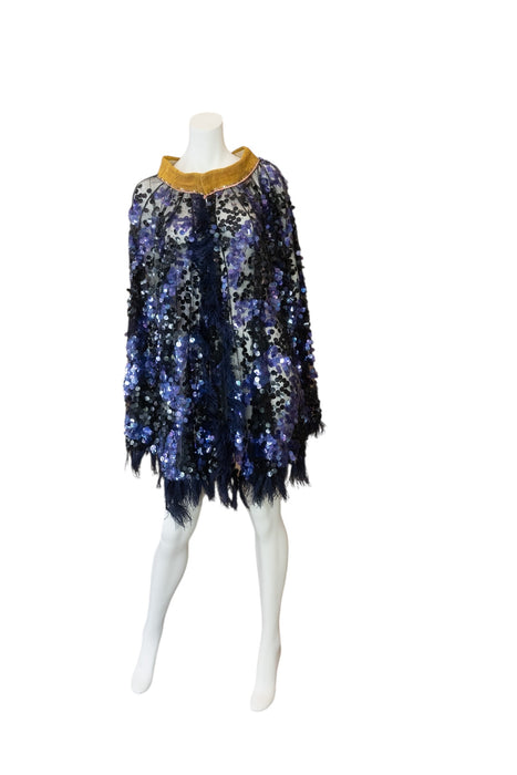 Patricia, original 1920s blue and black large sequin cape with feather trim