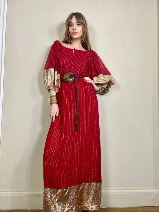 Mina, vintage red and gold silk dress
