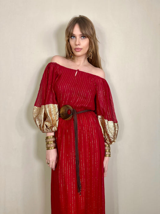 Mina, vintage red and gold silk dress