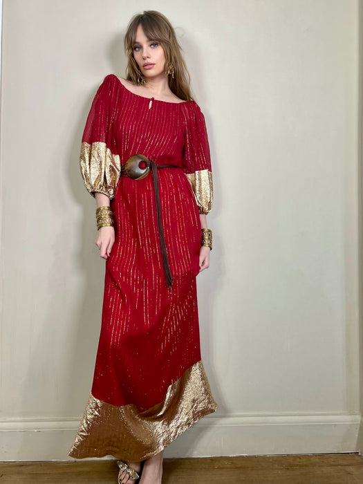 Mina, vintage red and gold silk dress