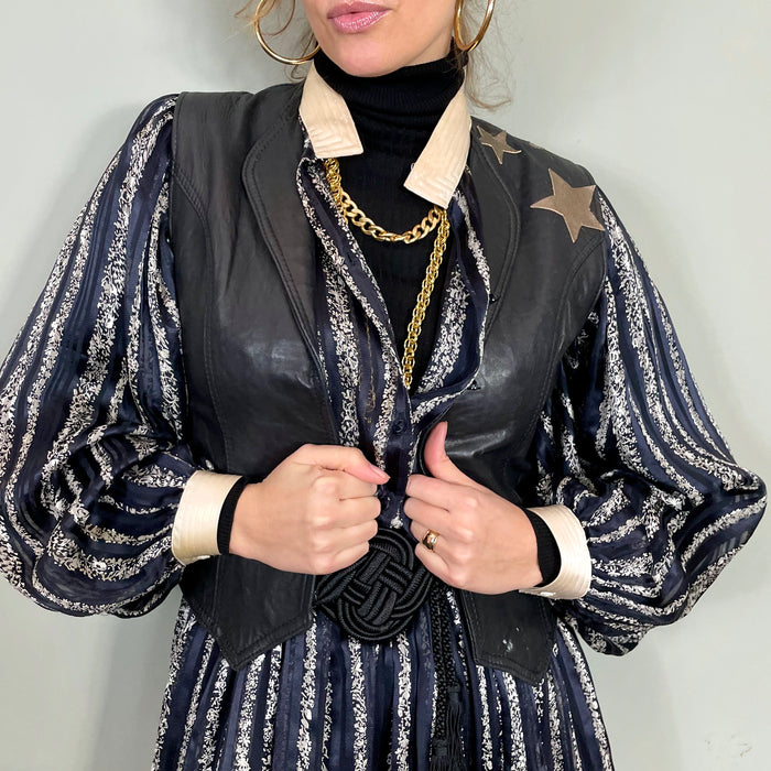 Clothilde, 70s leather black waistcoat with butterfly applique