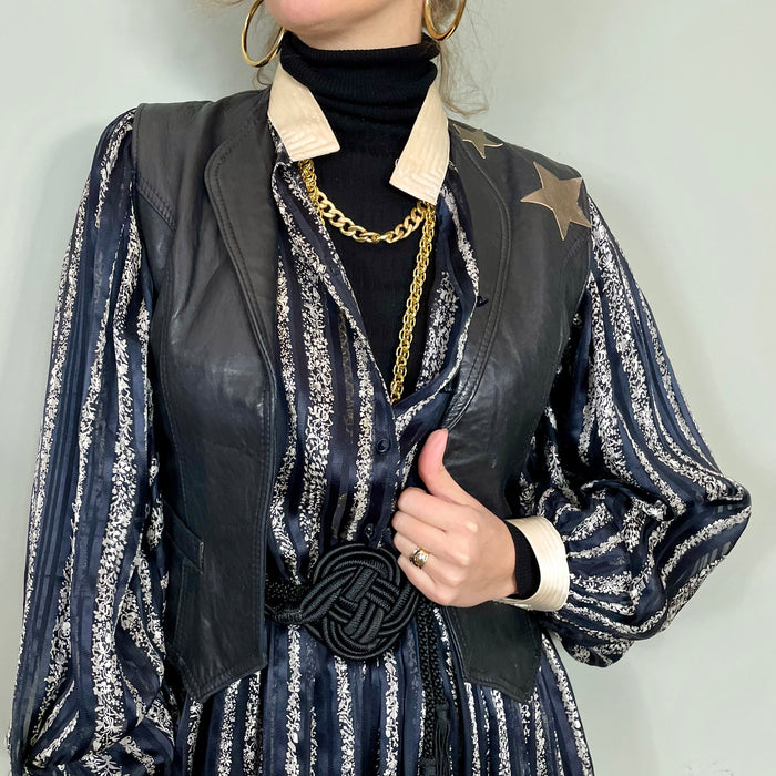 Clothilde, 70s leather black waistcoat with butterfly applique