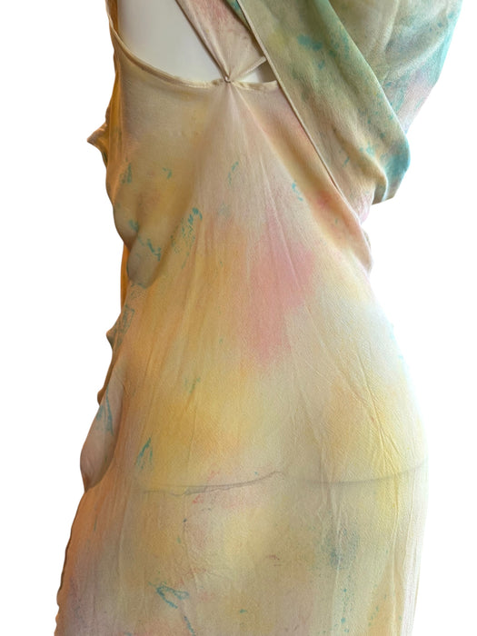 Aline, hand dyed 30s silk bias cut dress with attached belt/cape