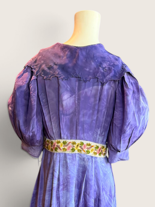 Hyacinth, 30s hand dyed silk robe with Edwardian ribbon florals
