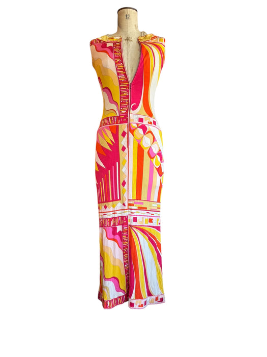 Pucci, 70s documented silk jersey print long dress with front zip