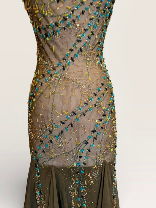Tory, 90s beaded kaki green bias cut chiffon handkerchief dress