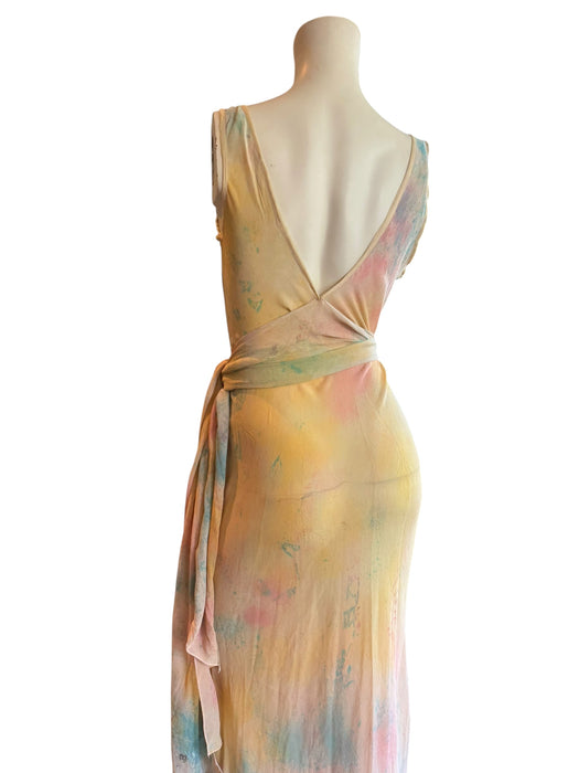 Aline, hand dyed 30s silk bias cut dress with attached belt/cape