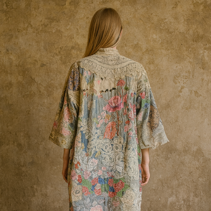 Blaine, reworked patchwork 40s silk embroidered floral kimono