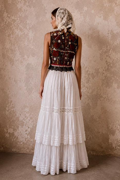 Natalia, reworked Victorian tiered skirt and Afghan beaded dress