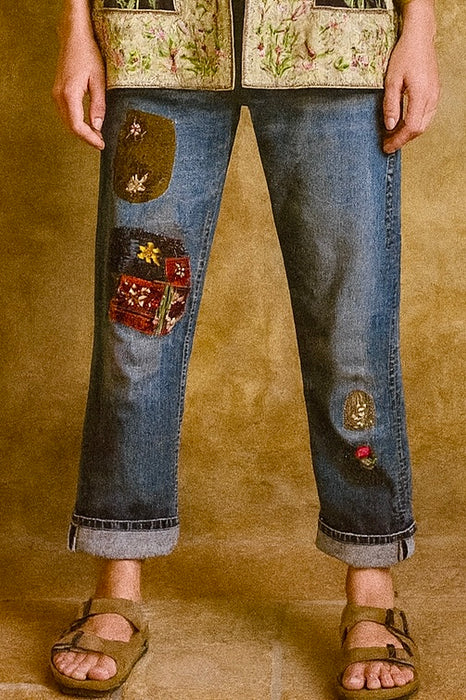 OV Denim, 70s jeans with Victorian hand embroidered patches