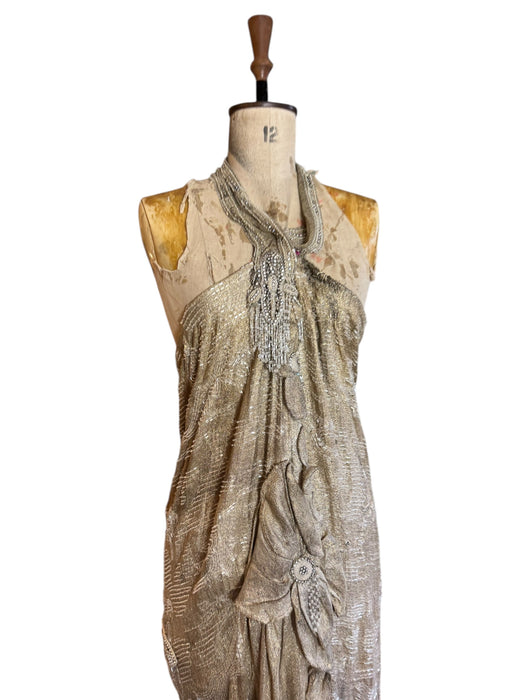 Rebecca, reworked 20s silver beaded lamé halter dress with floral motifs