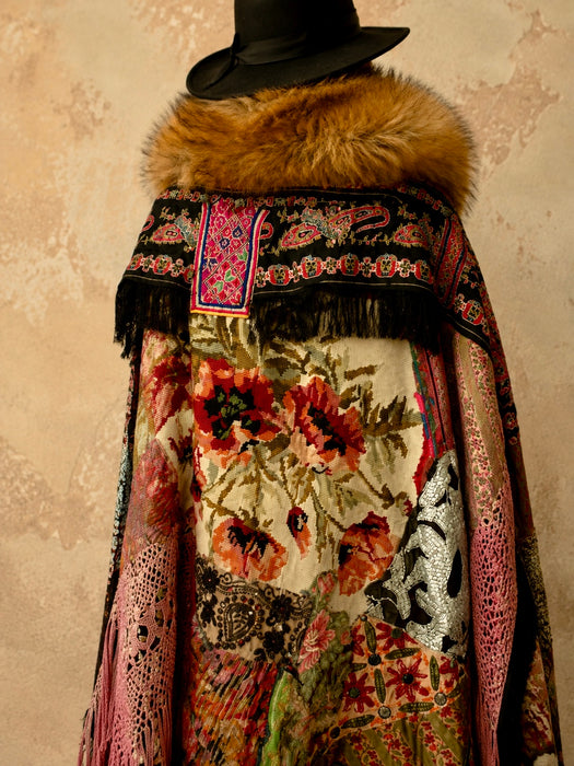 Stacey, reworked 1930, wool embroidered cape with faux fur collar