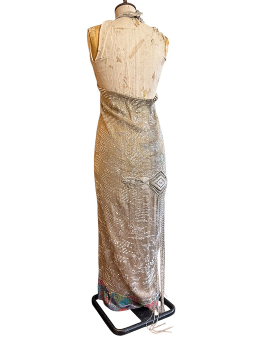 Rebecca, reworked 20s silver beaded lamé halter dress with floral motifs