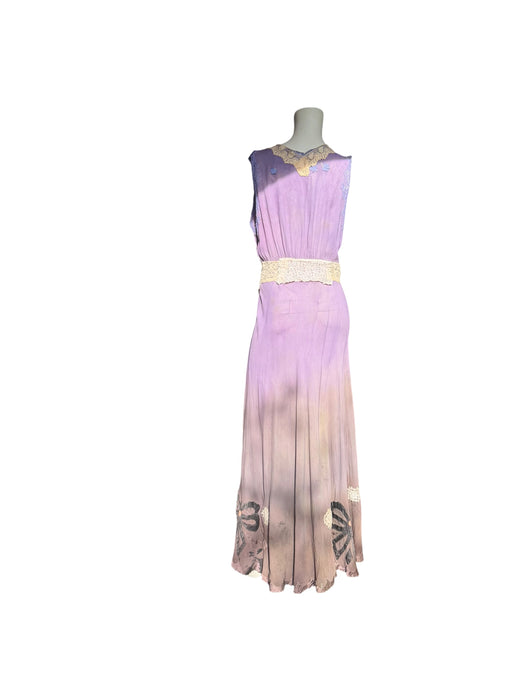 Lavender, 1930s hand dyed silk and lace dress with lace ribbon inserts