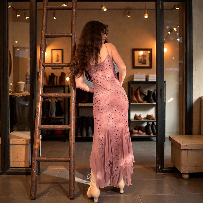 Marianne, 90s beaded antique pink silk bias cut frill dress